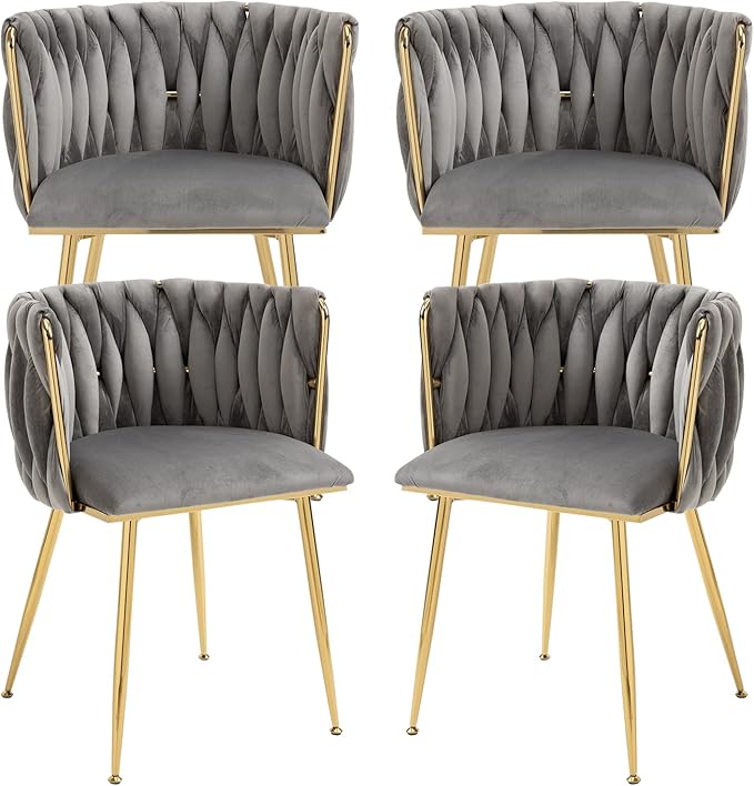 Nrizc Velvet Dining Chairs Set of 4, Woven Upholstered Dining Chairs with Gold Metal Legs, Modern Accent Chairs for Living Room, Dining Room, Kitchen (Grey)