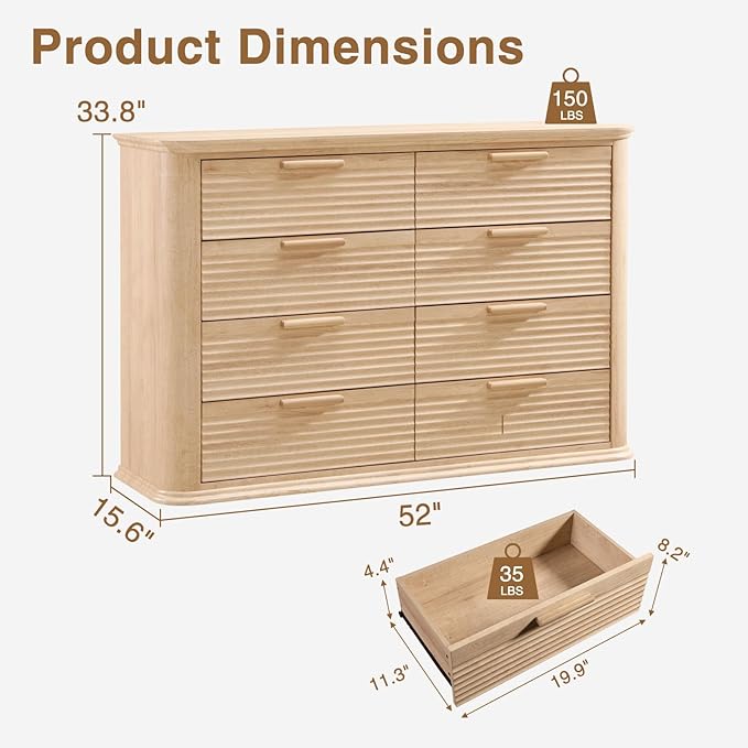 Okvnbjk Fluted 8 Drawer Dresser, 52" Wide Modern Wood Dresser for Bedroom, Chest of Drawers with Curved Profile Design, TV Stand & Storage Organizer for Living Room, Hallway