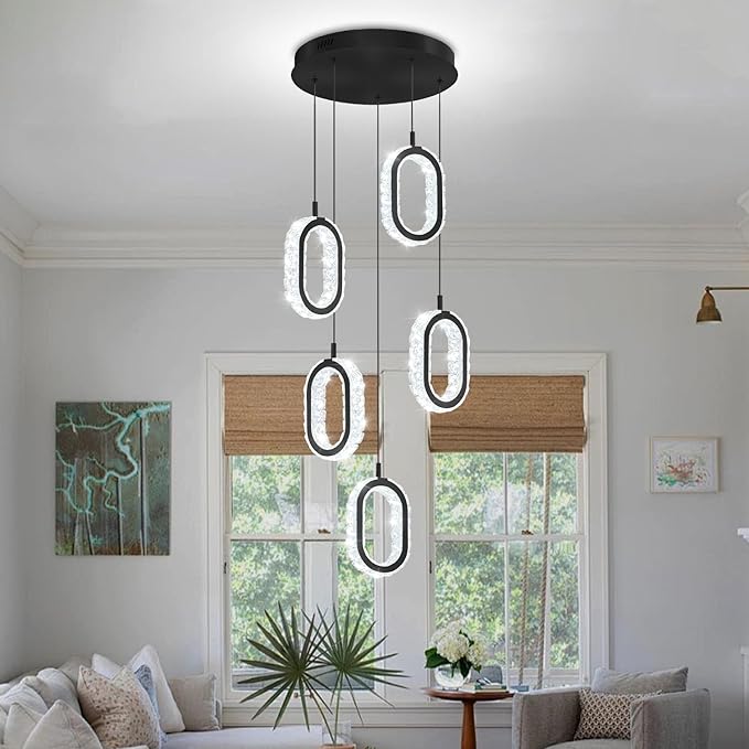 Black 5-Light Chandelier Pendant Light for Kitchen Island, Dimmable Oval Crystal Ring Chandelier for Dining Room, Hallway, Entryway, Passway, Bedroom, Balcony Living Room