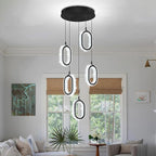 Black 5-Light Chandelier Pendant Light for Kitchen Island, Dimmable Oval Crystal Ring Chandelier for Dining Room, Hallway, Entryway, Passway, Bedroom, Balcony Living Room