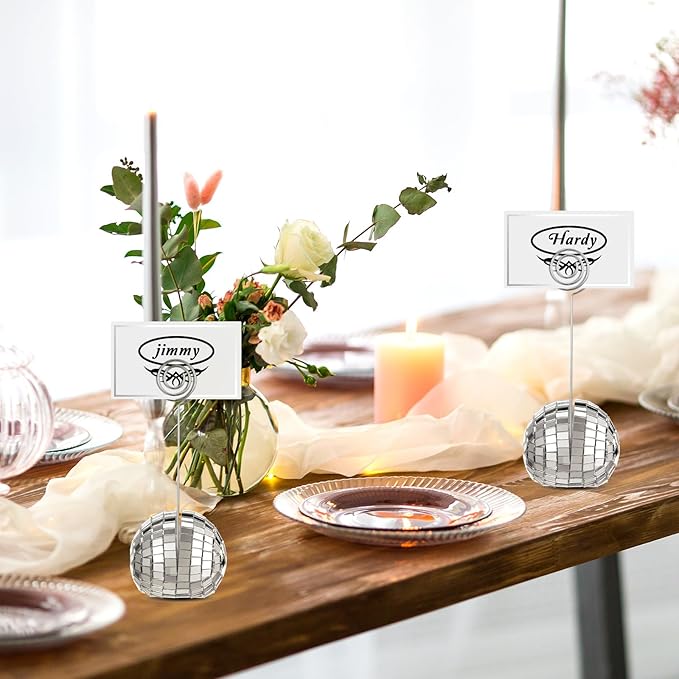 Prasacco 20 Set Disco Ball Table Number Holders, 2 Inch Silver Disco Ball Place Card Holder with Swirl Wire Clips und Name Cards for Wedding Party Decoration, Photo Display Holder, Desktop Decorations