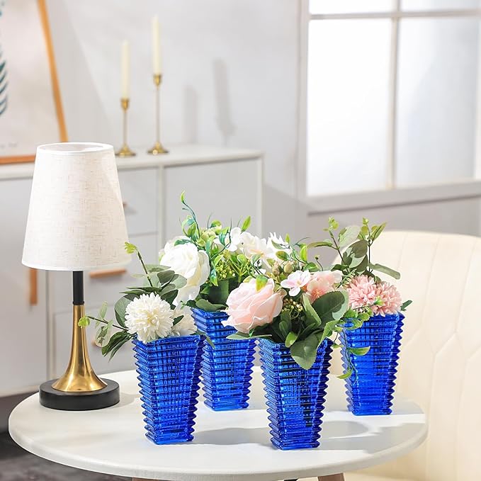 MCMCNCUIU Crystal Vases Set of 4, Blue Glass Vases, Crystal Vase for Centerpieces, Modern Flower Vase for Living Room, Bedroom, Kitchen, Dining Table, Shelf, Wedding, 6 Inches