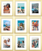 Vittanly 8x10 Picture Frames Set of 9, Shatter Resistant Plexiglass, Display 5x7 Pictures with Mat or 8x10 without Mat, Photo Frames for Wall or Tabletop, Engineered Wood, Gold