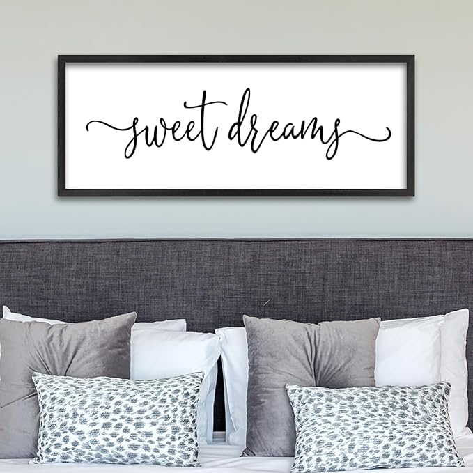 Sweet Dreams Above Bed Wall Decor Sign 40"x15" for Master Bedroom Over Bed Guest Room Wood Framed Wall Art (Black)