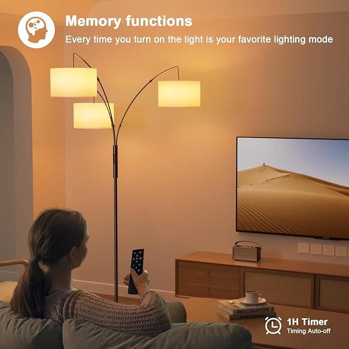 36W LED Arc Floor Lamp with 3 White Fabric Shades, 3000LM Super Bright Standing Lamp with Remote Control & Touch, Stepless Dimming, Individual Light Control for Living Room, Bedroom