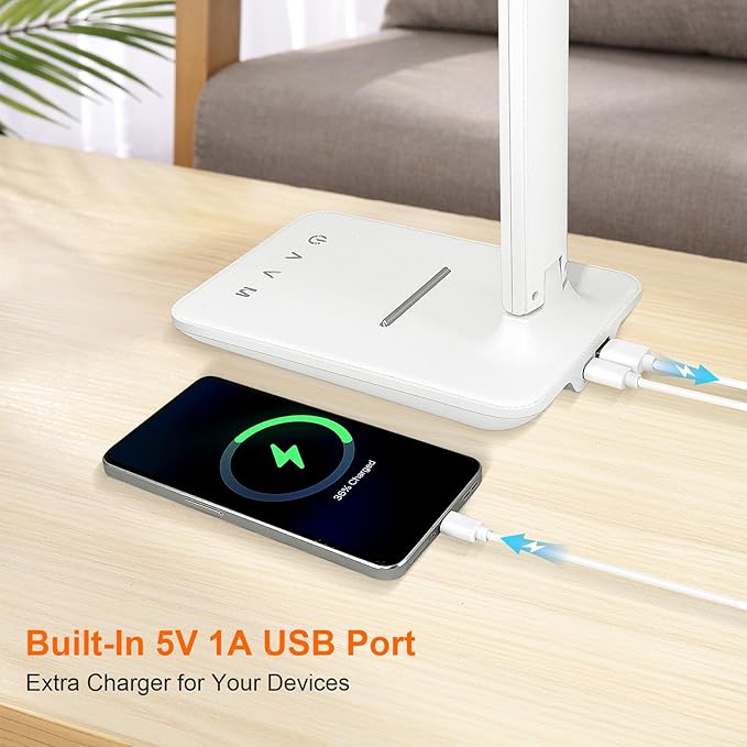 karidi LED Desk Lamp Dimmable Table Lamp with USB Charging Port, 5 Lighting Modes, Sensitive Control, Foldable Portable Desk Light for Home Office Bedroom Reading (White, Standard Size - 13.3 inch)