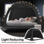 EighteenTek Bed Canopy with Lights, Sleeping Dream Twin Bed Tent, Portable Cottage Drafty Room Blackout Breathable Privacy Big Indoor Tents for Girls & Boys Bedroom Decor, Black