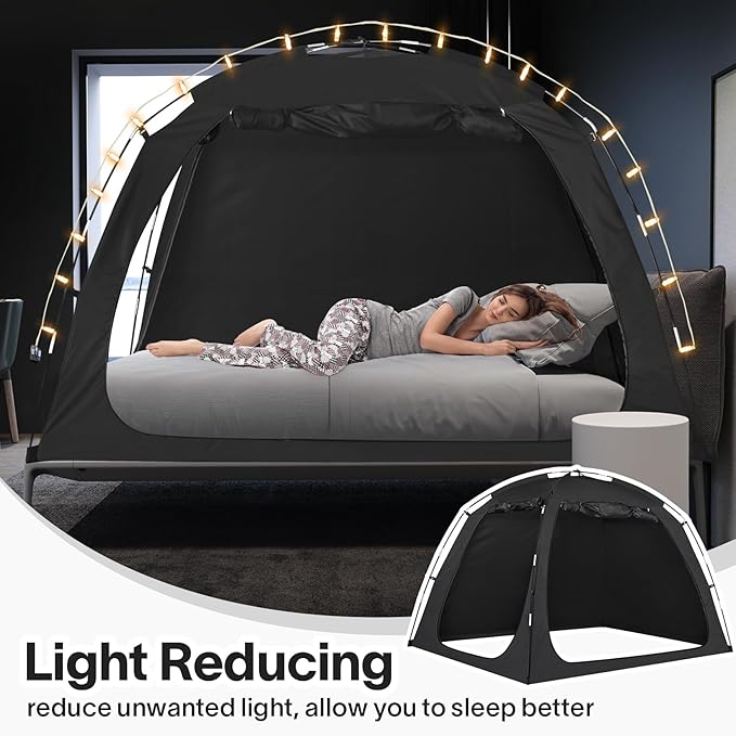 EighteenTek Bed Tent Twin Size Bed Canopy, Light Reducing Sleeping Tent Lightweight Portable Indoor Tent Breathable Privacy Space on Bed with 2 Doors for Adults Kids Autism (Twin, Black)