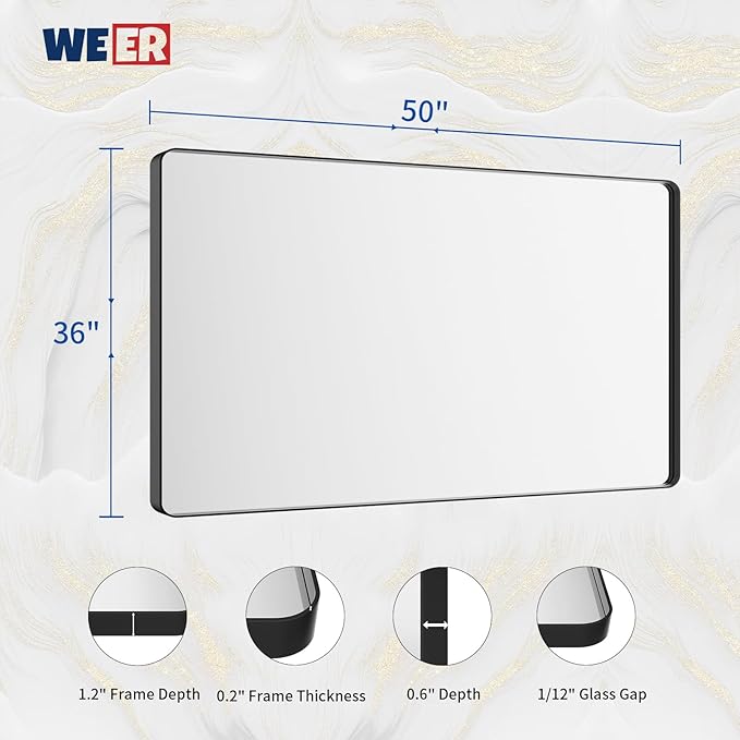 WEER Black Bathroom Mirror for Wall, 50X36 Inch Matte Black Mirror, Rectangular Black Metal Framed Vanity Mirror with Tempered Glass, Rounded Corner, Anti-Rust (Horizontal/Vertical)