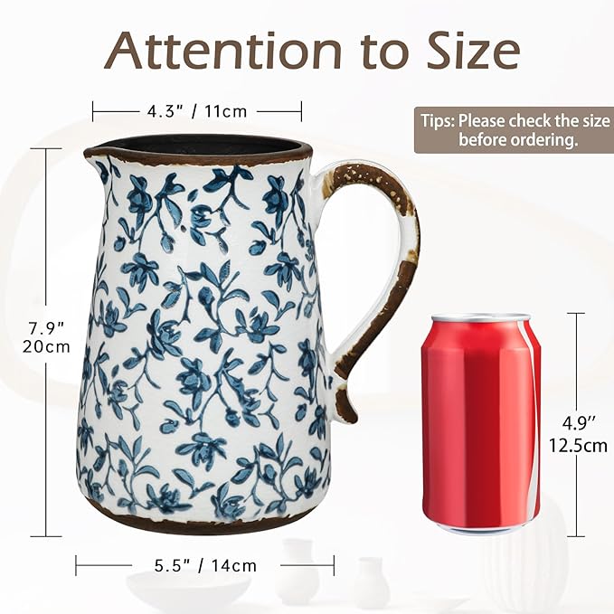 Ceramic Rustic Farmhouse Vase, 7.9" Blue and White Vase for Centerpieces Chinoiserie Vases Pottery Jug with Handle Chinoiserie French Country Decor Vintage Vases for Living Room Kitchen Dinner Table