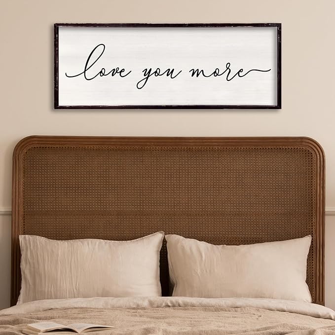 Love You More Above Bed Wall Decor Sign 32"×12" for Master Bedroom Over Bed Large Simple Wood Framed Hanging Wall Art (Black)