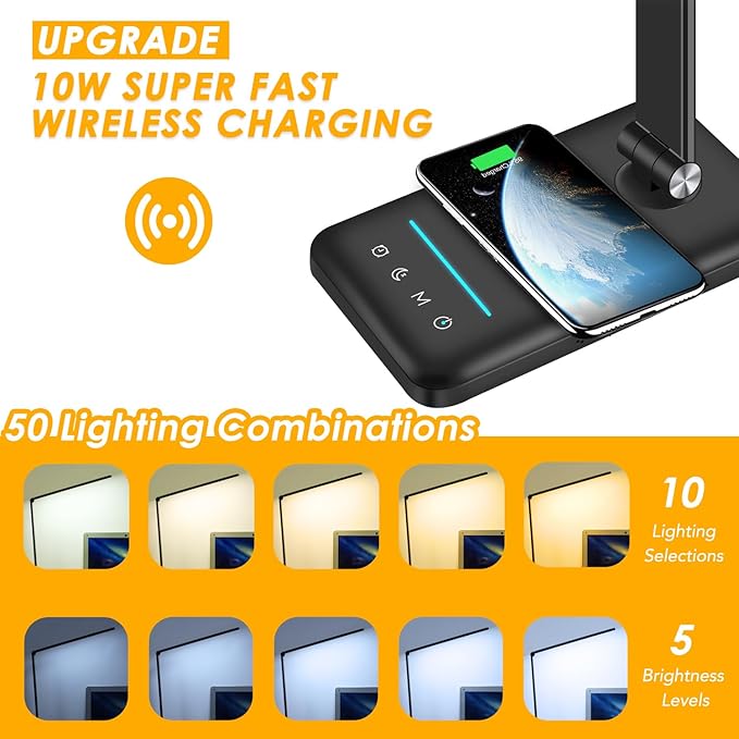 LED Desk Lamp with Wireless Charger, USB Charging Port, Night Light, 5 Color Modes, 10 Brightness, Eye Caring Reading Table Lamp for Home Office, Touch Control, Auto-Timer, Adapter Included