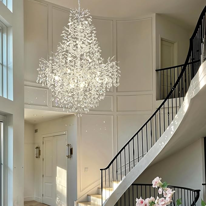 H65'' Silver Tree Branch Crystal High Ceilings Chandeliers,Modern Crystal Staircase Chandeliers, D48'' Foyer Chandelier for High Ceiling, Luxury Large Living Room Chandelier, 27-Lights