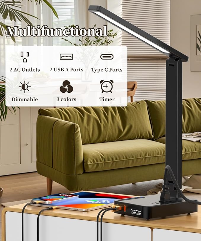 COZOO LED Desk Lamp with 3 USB Charging Ports,2 AC Outlet,3 Color Modes 3 Brightness Levels,Touch/Memory/Timer Function,Eye-Caring Home Office Foldable Natural Light Task Lamp for Reading,Study,Crafts