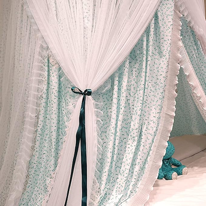 Kertnic Luxurious Bed Canopy for Girls & Adults, Large Elegant Double Layer Bed Curtain Canopy Drapes, Round Dome Lace Princess Canopies Netting (Fresh)