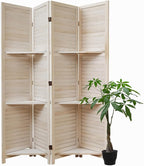 Room Divider with Shelves, 5.6 Ft Tall Folding Wood Screen with Double Hinges for Home Office Bedroom Hotel Decoration (4 Panels, White-Washed)