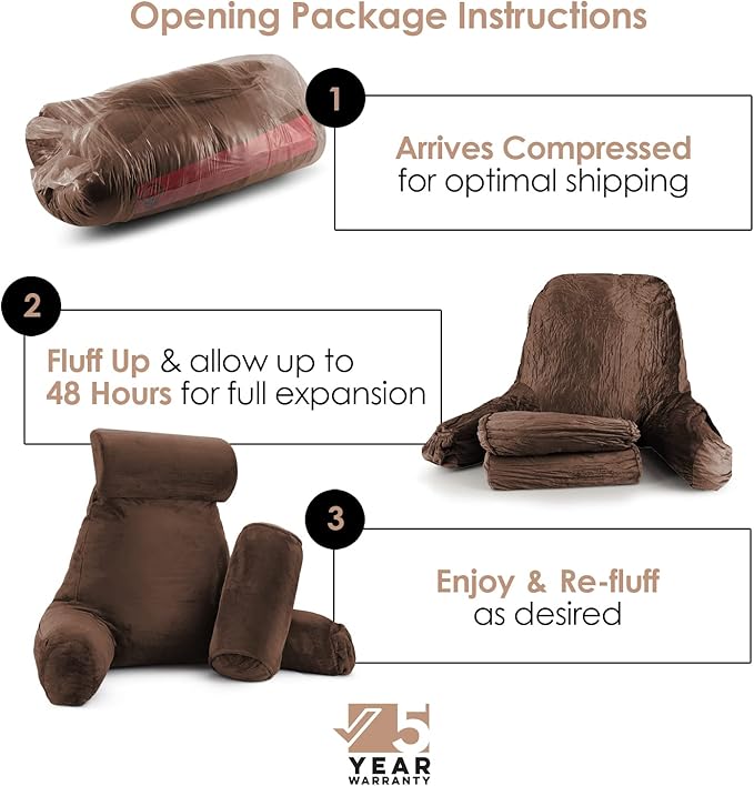 Nestl Reading Pillow Large Bed Pillow, Back Pillow for Sitting in Bed Memory Foam Chair Pillow, Reading & Bed Rest Pillows Chocolate Brown Back Pillow for Bed, Bed Chair Arm Pillow with Pockets