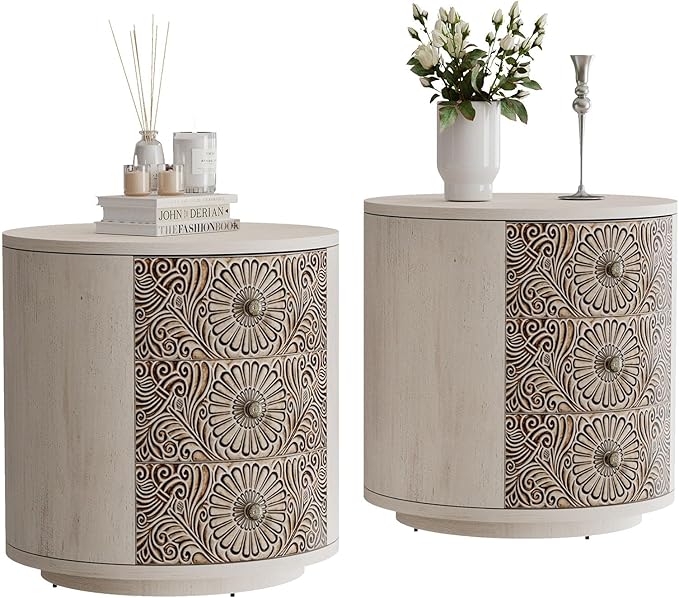 HOMPUS Round End Table Set 2, Fully Assembled Nightstand w 3 Storage Drawers, Farmhouse Wood Dresser Set of 2, Vintage Nightstand Bedside Tables, Aceent End Tables for Bedroom, Rustic White