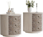 HOMPUS Round End Table Set 2, Fully Assembled Nightstand w 3 Storage Drawers, Farmhouse Wood Dresser Set of 2, Vintage Nightstand Bedside Tables, Aceent End Tables for Bedroom, Rustic White