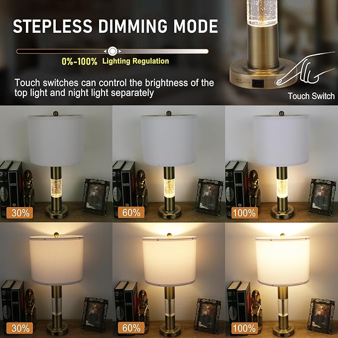 Serteaw Touch Control Table Lamp Set of 2 - Gold Crystal Nightstand Lamps with USB Ports, Stepless Dimming Mode, Stylish Side Lamp for Bedroom and Living Room, Energy-Efficient LED Bulb Included