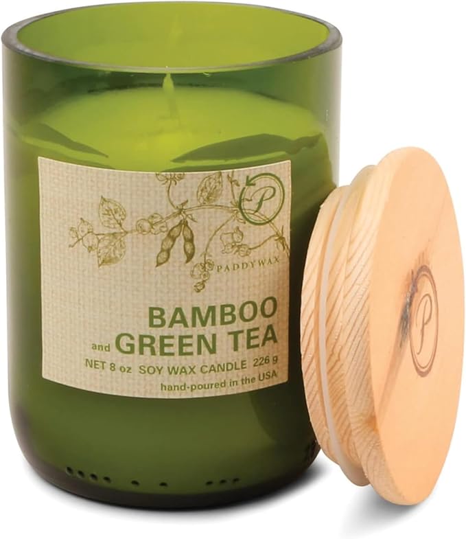 Paddywax Eco Collection Soy Wax Blend Candle in Glass Jar, Bamboo & Green Tea Scent, Green Vessel with Wood Lid, 8 oz