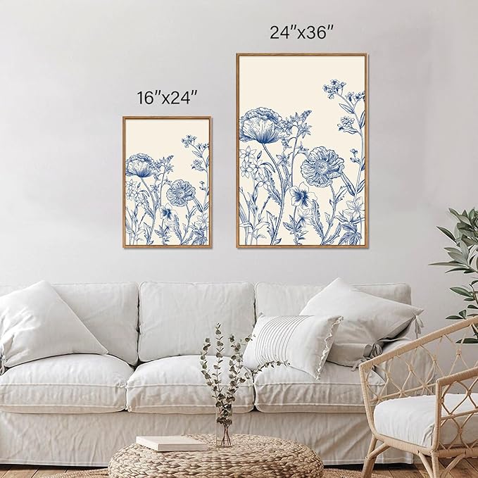 Tinonedraw Large Classic Chinoiserie Flower Framed Canvas Wall Art Set, Navy Blue and White Floral Wall Decor, Minimalist Neutral Botanical Art Printing for Living Room Bedroom Office Dorm 24"x36"x3