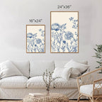 Tinonedraw Large Classic Chinoiserie Flower Framed Canvas Wall Art Set, Navy Blue and White Floral Wall Decor, Minimalist Neutral Botanical Art Printing for Living Room Bedroom Office Dorm 24"x36"x3