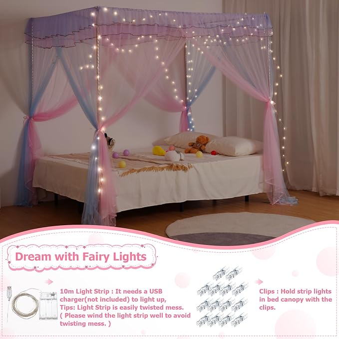 Full Size Bed Canopy with Lights, Bed Canopy for Girls Princess with Luminous Stars, Canopy Bed Curtains for Full Bed Kids Indoor Decor Bedroom, 4 Corner Post Bunk Bed for Student Dormitory, Blue&Pink