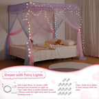 Full Size Bed Canopy with Lights, Bed Canopy for Girls Princess with Luminous Stars, Canopy Bed Curtains for Full Bed Kids Indoor Decor Bedroom, 4 Corner Post Bunk Bed for Student Dormitory, Blue&Pink