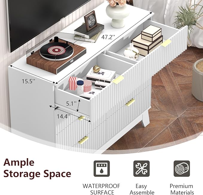 Fluted Dresser for Bedroom,8 Drawer Dresser for Closet,Storage Cabinet and Chest of Drawers with Gold Handle,TV Stand,Storage Organizer for Living Room,Hallway,Entryway,White