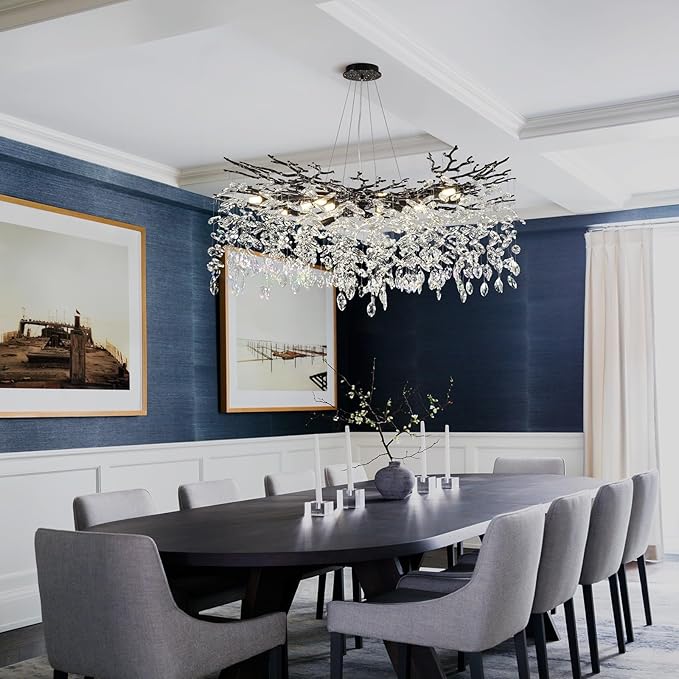 Modern Black Crystal Tree Branch Chandelier,14-Light 40" Black K9 Crystal Chandeliers for Living Room, Round Chandelier for Dining Room,High Ceiling,Kitchen Island,Foyer,Staircase