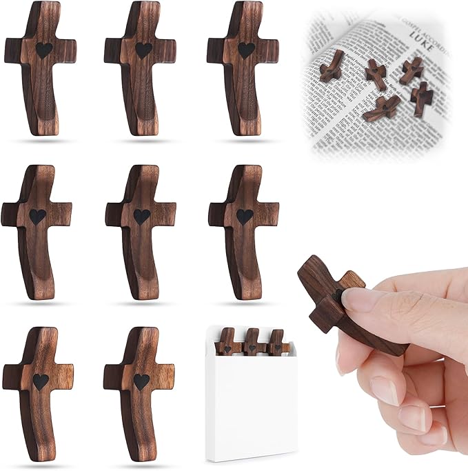 Yaoerlingiiu 8PCs Wooden Fidget Cross My Heart -StressRelief Prayer Cross Christian Encouragement Gift ChristmasGift for Adults/ Handheld Fidget Faith & AnxietySmall Wooden Croses for pocket prayers Prayer rosfor Hand Wall Crosses( Walnut Wood )
