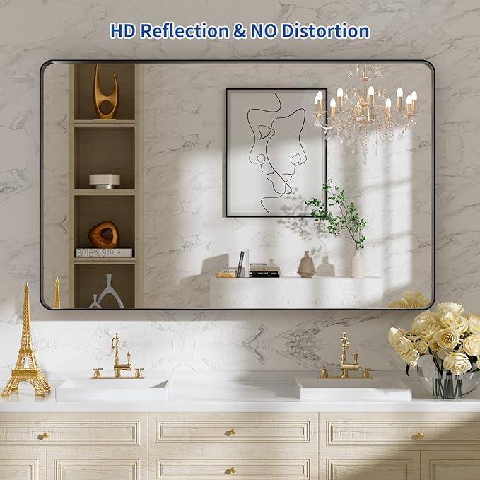 WEER 48X30 Inch Black Metal Framed Bathroom Mirror, Matte Black Bathroom Vanity Mirror, Rectangular Black Wall Mirror for Bathroom, Tempered Glass, Rounded Corner, Hangs Horizontal or Vertical