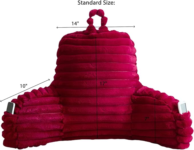 Faux Fur Fluffy Burgundy Reading Pillow with Pockets, Luxury Striped Plush Decorative, Arm Rests and Back Surport for Bed Rest, Lounging on Sofa, Standard