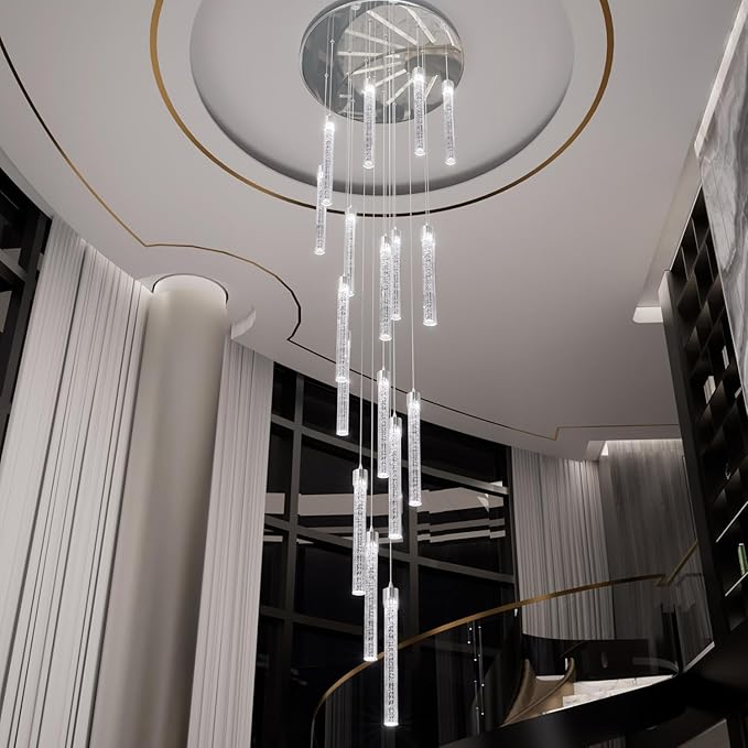 H138 High Ceiling Chandeliers for Foyer 12 Lights Crystal Bubble Column Chandelier for Living Room and Dining Room LED Pendant Lighting