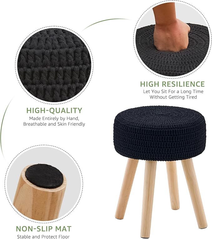 Wimarsbon Pouf Ottoman, 100% Cotton Knitted Boho Footstool, Round Footrest with Non-Skid Wood Legs, Home Décor Handmade Pouffe, Leisure Floor Step Stool for Living Room (Long Leg - Black)