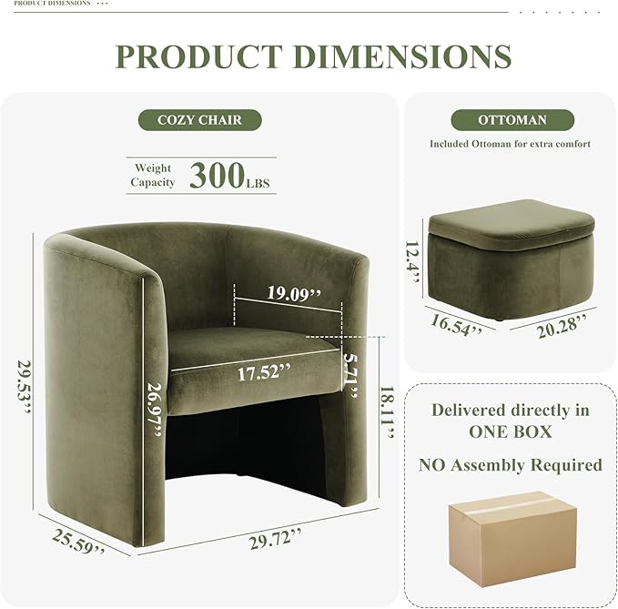 Mid-Century Velvet Living Room Chair with Storage Ottoman, Space-Saving Accent Chairs for Bedroom/Reading Spaces/Office, Green