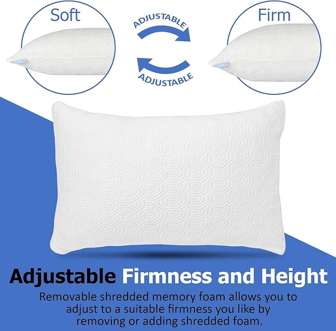 Queen Size Rayon Derived from Bamboo Pillows for Sleeping, Cooling Shredded Memory Foam Pillow Sets for Back, Side, Stomach Sleepers, Adjustable, Removable Cover, Queen (Pack of 1)
