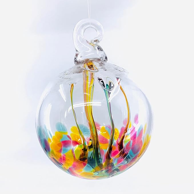 Luke Adams Glass | 3" Mini Glass Tree of Life | Handmade Ornament | Hanging Garden Gazing Ball | Indoor Outdoor Home Décor | (Pink Amber Teal)