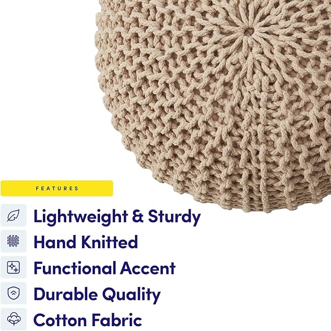 Pouf Ottoman Foot Rest Stuffed – 20” Diameter x 14” Tall Cozy Floor Pouf for Living Room, Bedroom, Nursery & More – 100% Cotton Knit Shell, EPS Bead Filled Footrest & Accent Chair, Taupe