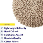 Pouf Ottoman Foot Rest Stuffed – 20” Diameter x 14” Tall Cozy Floor Pouf for Living Room, Bedroom, Nursery & More – 100% Cotton Knit Shell, EPS Bead Filled Footrest & Accent Chair, Taupe