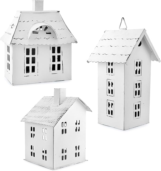 AuldHome Design Farmhouse Decor Tin Houses (Set of 3, White); Candle Lantern Decorative Holiday Christmas Village Display or Votive Holder