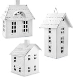AuldHome Design Farmhouse Decor Tin Houses (Set of 3, White); Candle Lantern Decorative Holiday Christmas Village Display or Votive Holder