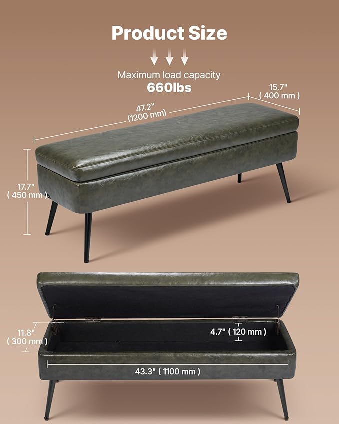 VEVOR Leather Storage Ottoman Bench, PU Leather Bench with Storage and Metal Legs, Modern Shoe Benches Seat for Entryway, Upholstered End of Bed Benches for Living Room, Dining Room, Hallway, Green