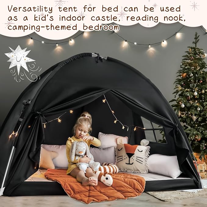 Sherilyn Full Size Bed Canopy Bed Tents Dream Tent on Bed Privacy Space Blackout Sleeping Tents Indoor Breathable Portable Cottage Drafty Room Floor (Large Black)
