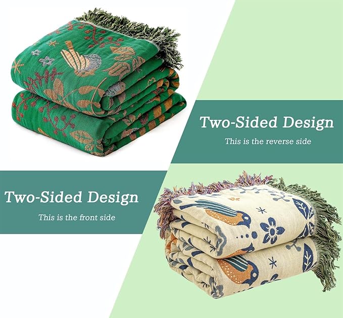 MSGKV Boho Throw Blanket 100% Cotton Green Blanket 90''x 98'' Double Sided Knit Blankets with Tassels Reversible Warm Soft Blanket Throw Blankets for Bed Sofa Living Room