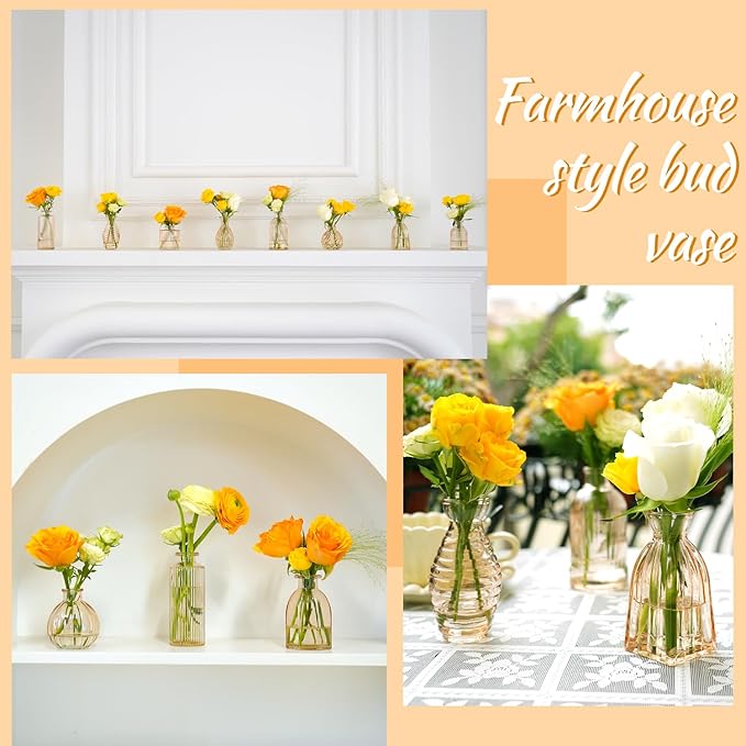 Champagne Bud Vases Set of 12 Amber Glass Vase for Decor Centerpieces, Small Ribbed Vases for Flowers Stripe Modern Bud Vases in Bulk Vintage Vases for Floral Wedding Party Table Decoration Home Decor