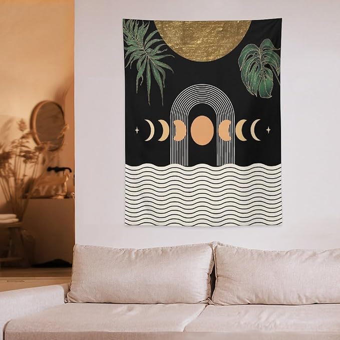 Abstract Boho Tapestry, Mid Century Tropical Tree Leaves Modern Geometric Arch Bohemian Botanical Tapestry, Home Aesthetic Wall Hanging Art Decor for Living Room Bedroom Dormitory 60x80 Inch