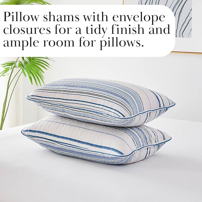 Southshore Fine Living, Inc. Oversized Queen Quilt Set, Striped Blue/White Quilt Bedspread Queen/Full, 3-Piece Coastal Bedding Set with Lightweight Coverlet and Matching Quilted Shams, Blue Stripes