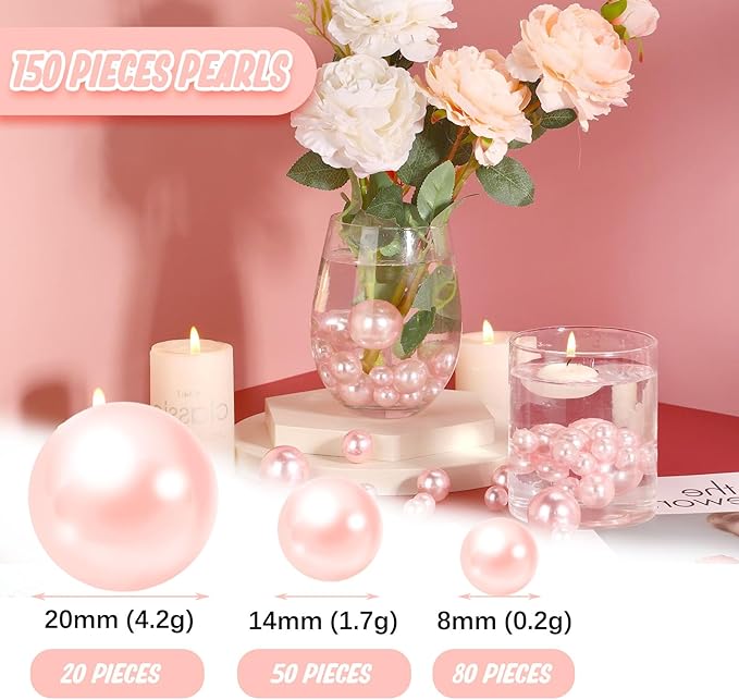 Light Pink Vase Filler | 150PCS Pearls Bead for Centerpieces Vases | 8/14/20 mm No Hole Beads, Fake Pearls for Wedding Birthday Easter Theme Party Table Centerpieces Decor